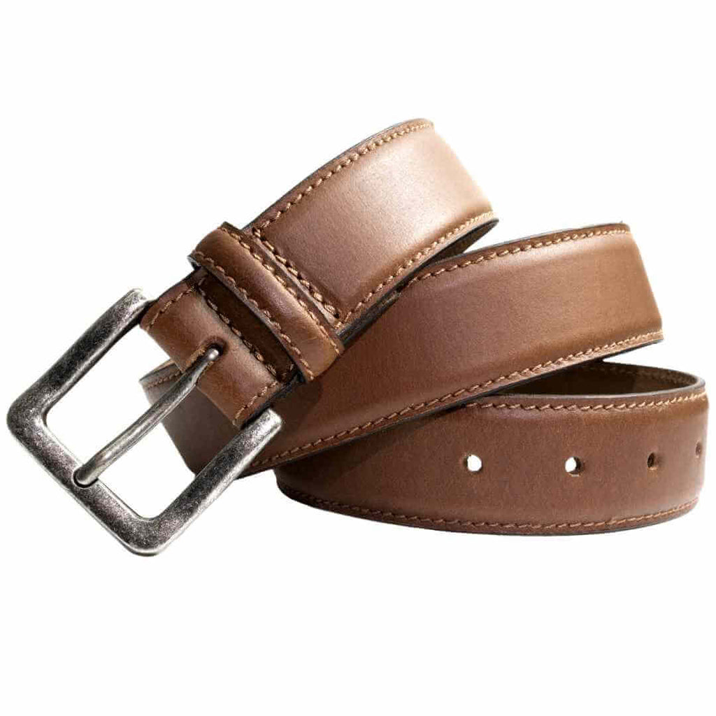 Nickel Free Antiqued Silver Buckle with light tan leather strap with side stitching. Nickel Free