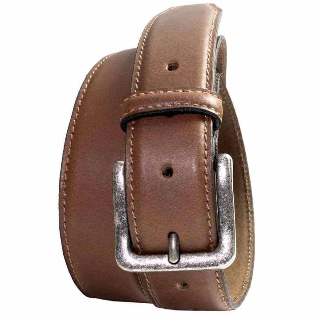 Square, silver antiqued buckle with rounded edges sewn onto light tan leather strap. Hypoallergenic