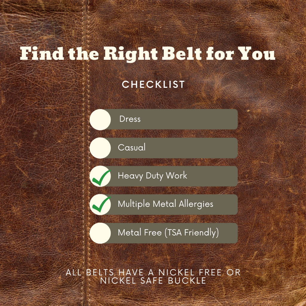 Find the right belt for you graphic. Check marks on the Heavy Duty Work and Multiple Metal Allergies