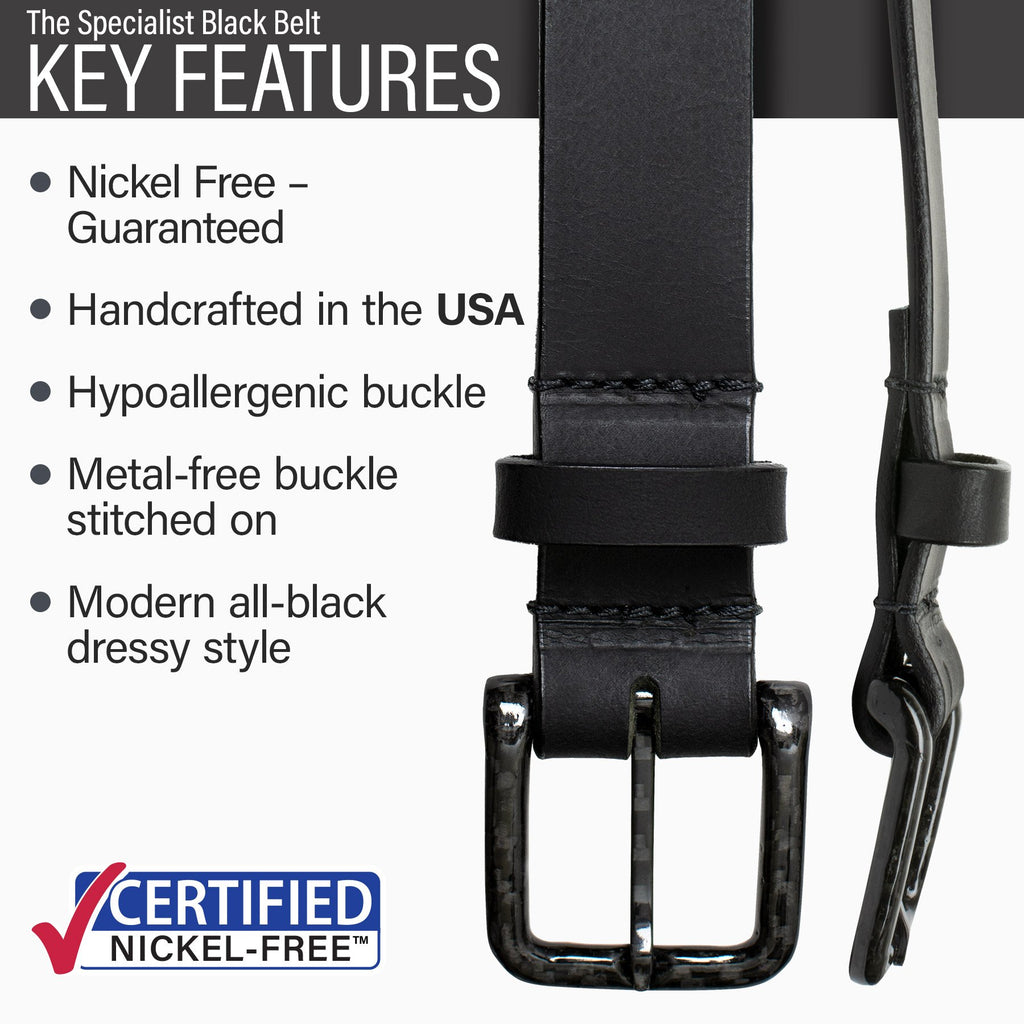 The Specialist Black Belt key features || guaranteed nickel free, handcrafted in USA, hypoallergenic, metal-free buckle, modern, all-black, dressy style