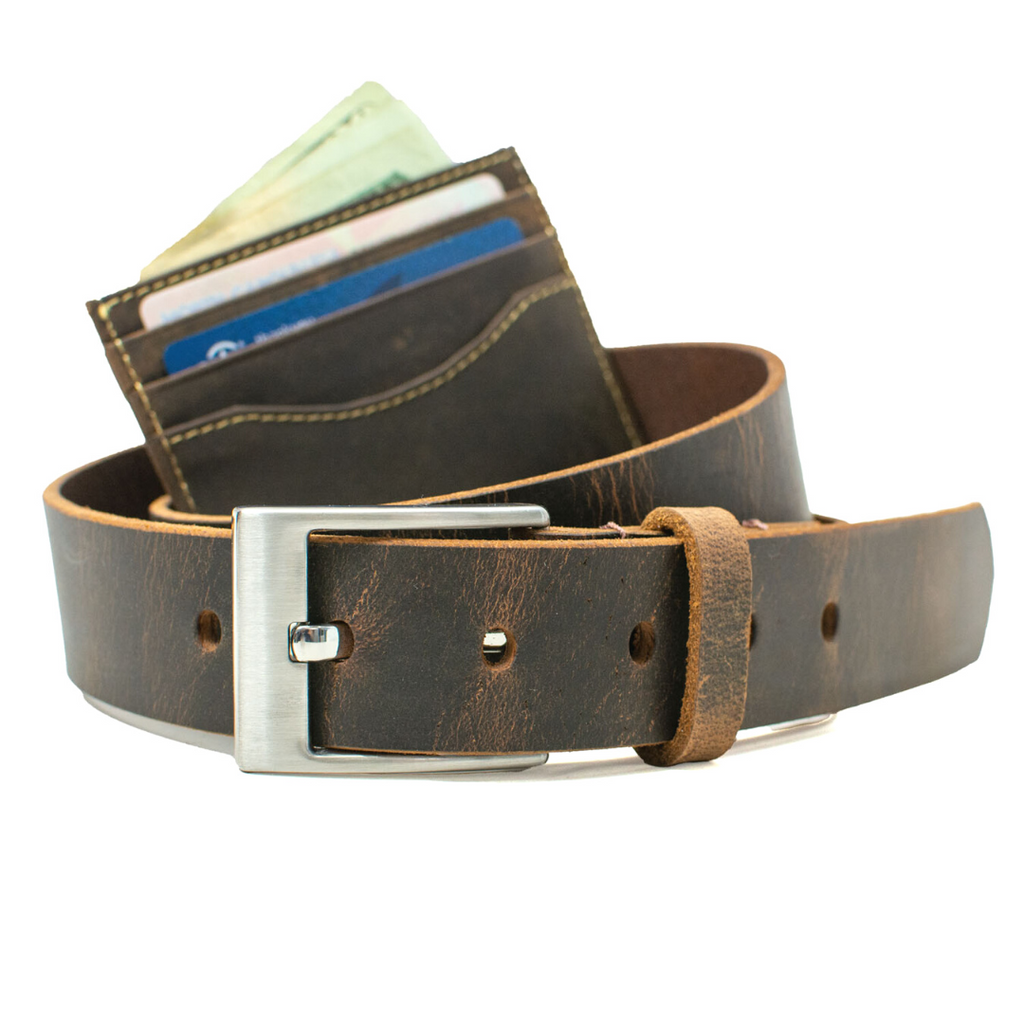 caraway mountain belt with reed card holder. distressed brown leather for both wallet & belt