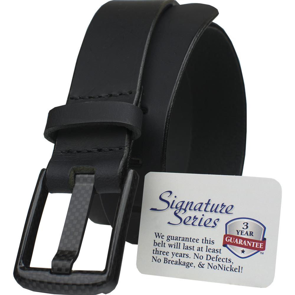 Image of Wide Pin Black Belt by Nickel Smart. 3 Year warranty. Rounded, black carbon fiber buckle
