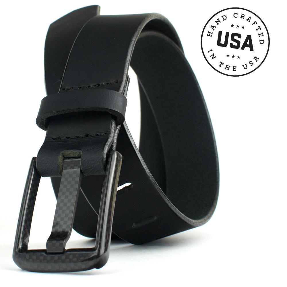 Image of Wide Pin Black Leather Belt by Nickel Smart. USA Made. Rounded, black carbon fiber buckle