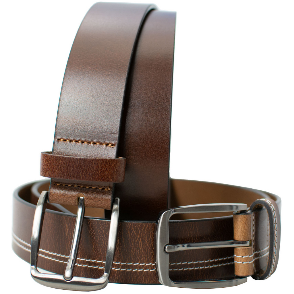 Millennial Brown and Brown Stitched Leather Belt Set. Silver-tone buckles stitched to brown strap.