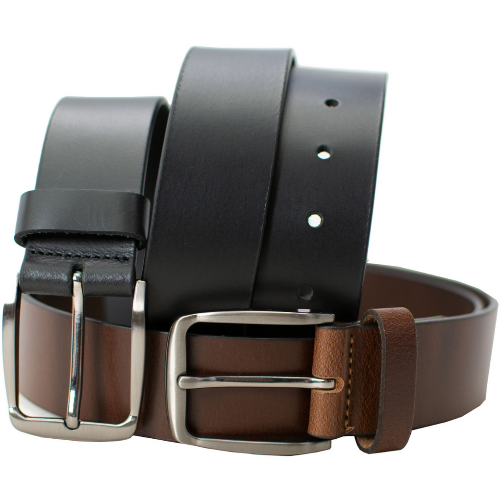 Millennial Black and Brown Leather Belt Set. Zinc alloy buckles stitched directly to leather straps.