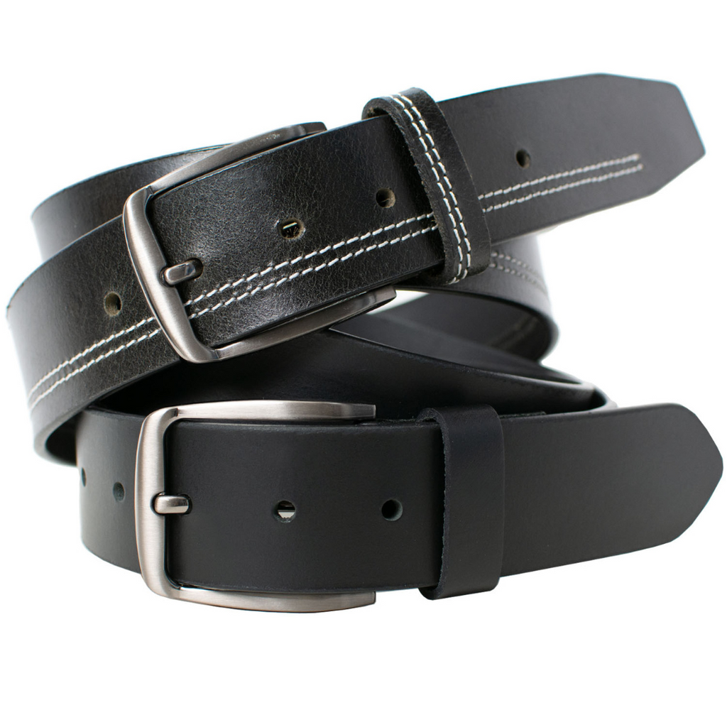 Millennial Black and Black Stitched Leather Belt Set. One belt with double stitch, one solid black
