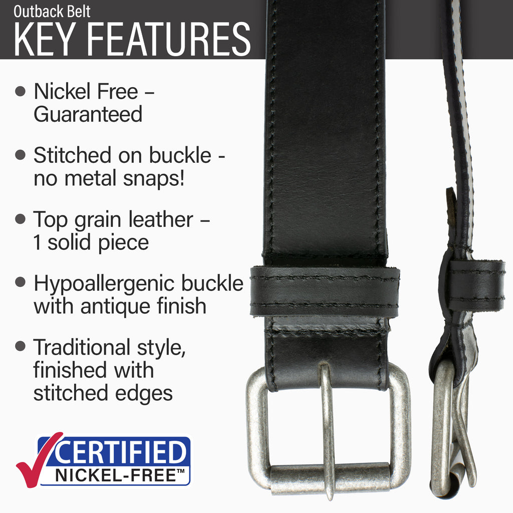 Outback Nickel Free Black Leather Belt | Hypoallergenic buckletop grain leather, traditional style