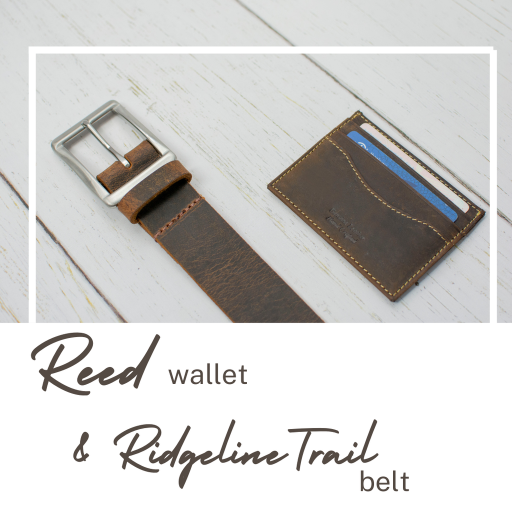 Reed Wallet & Ridgeline Trail Belt displayed. Brown distressed leather construction.