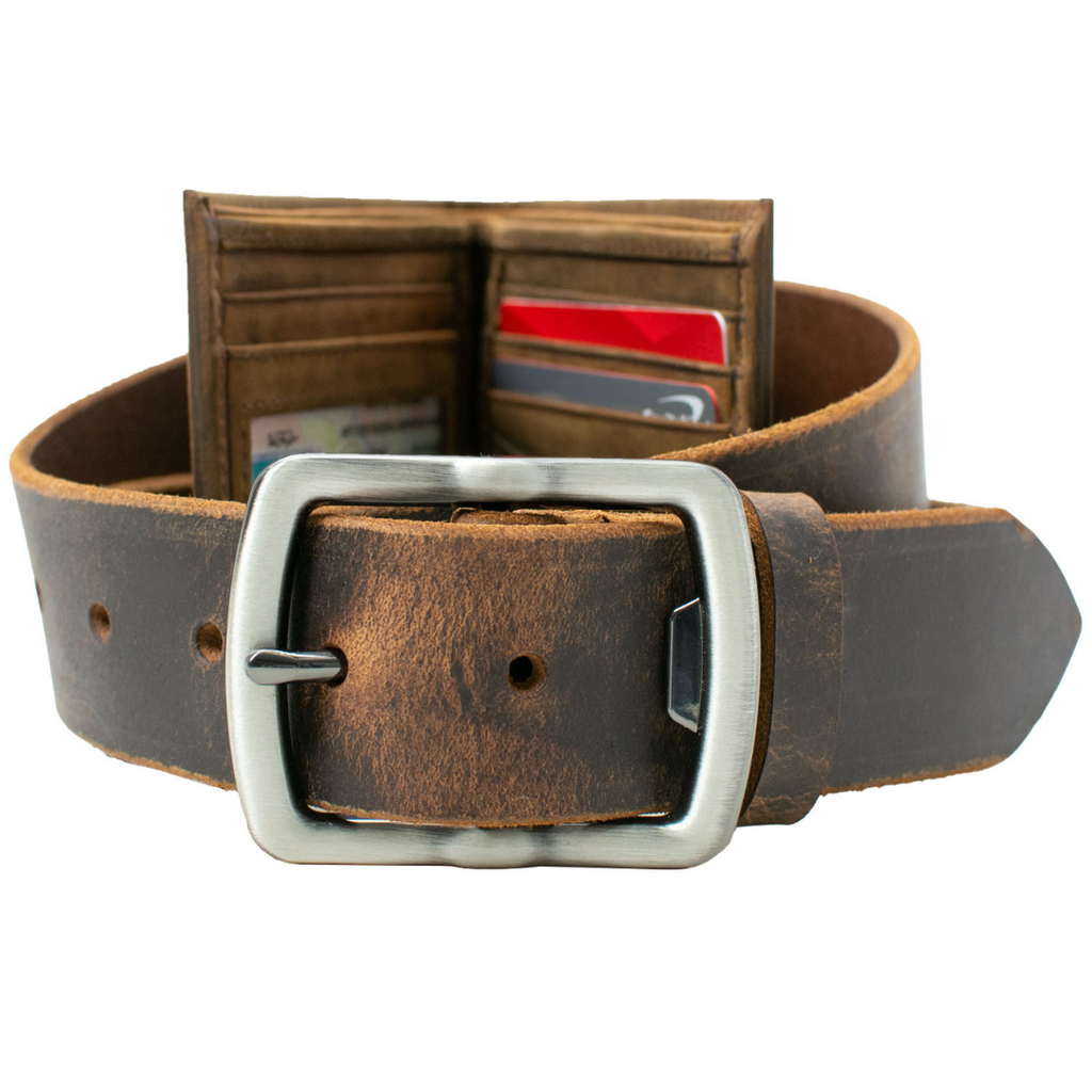 Image of Rocky River Brown distressed leather belt with matching distressed bifold wallet.