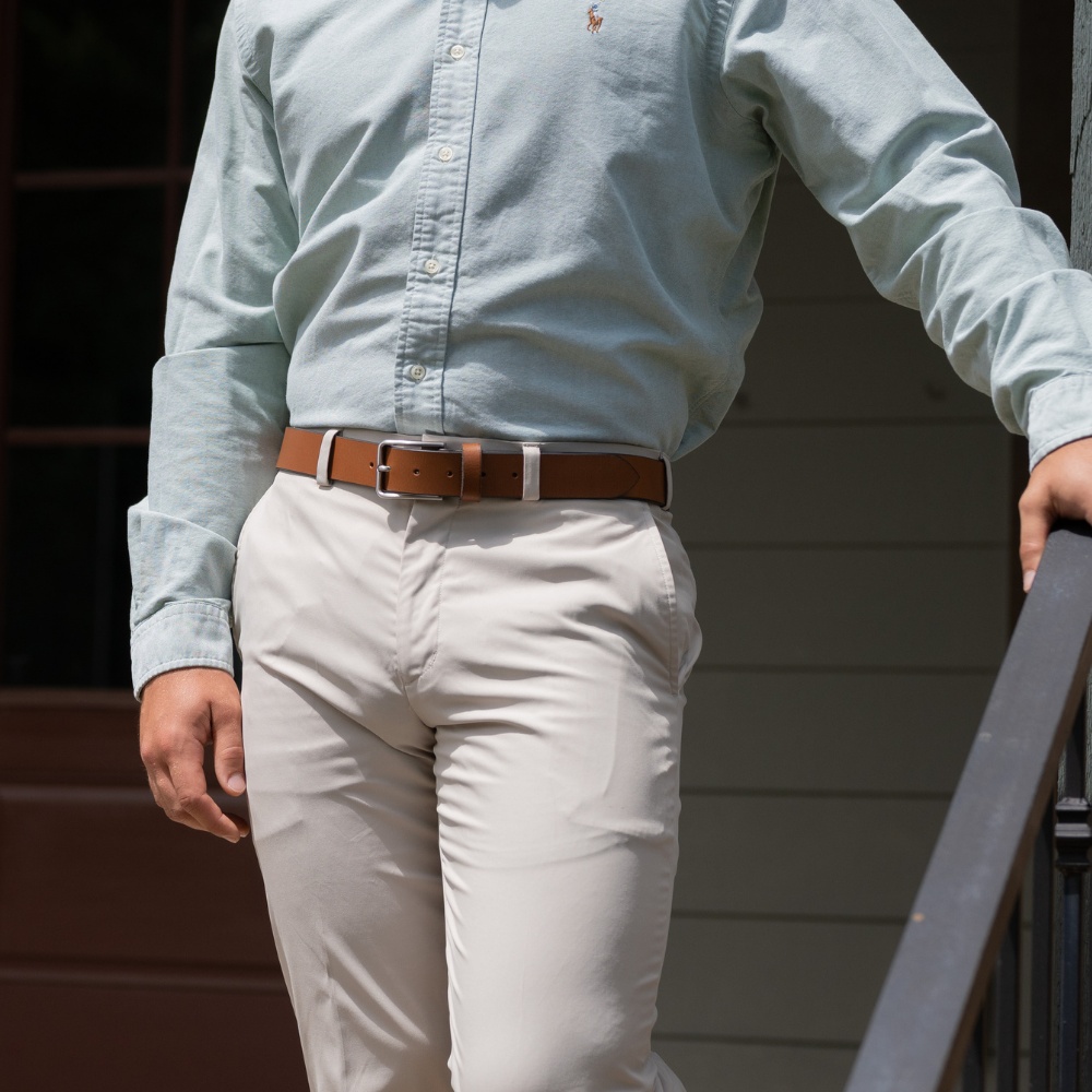 slick City Brown Leather Belt on model in khaki pants. Great hypoallergenic dress-casual belt.