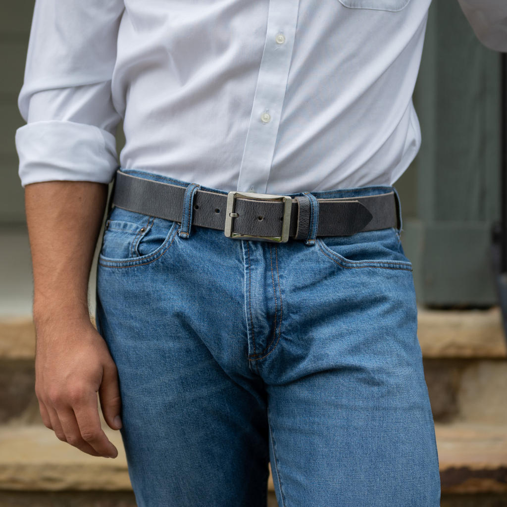 Titanium Work Belt (Distressed Gray) by Nickel Smart® on model with jeans