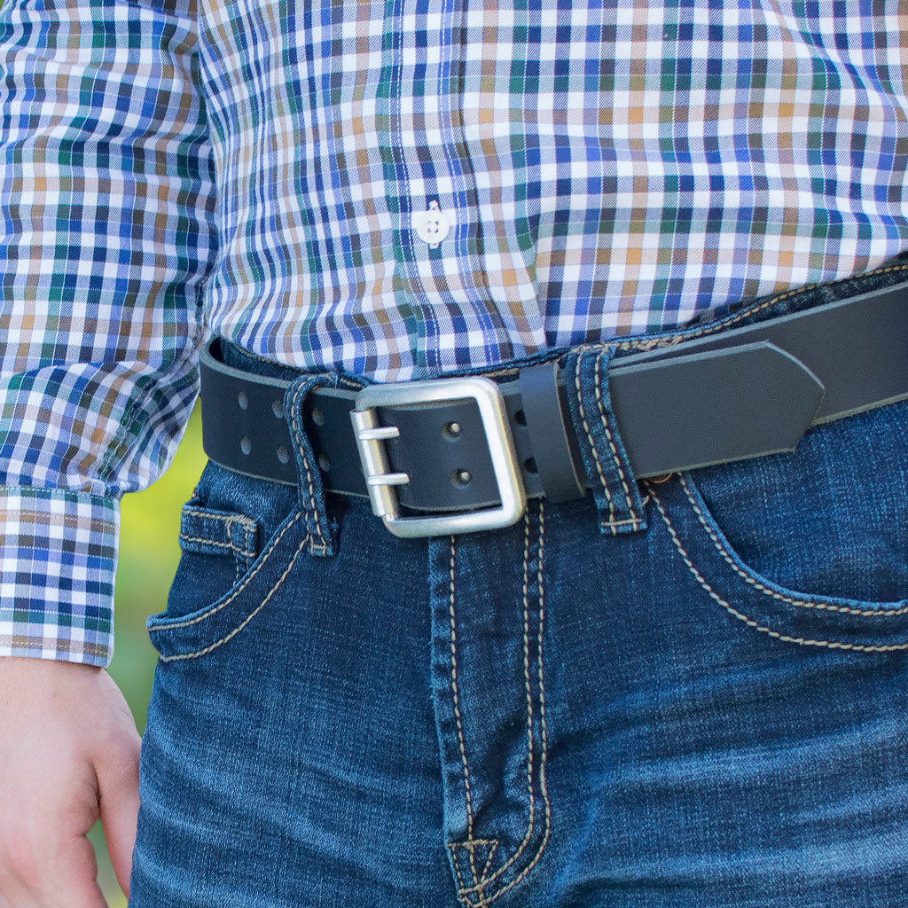 Ridgeline Trail Belt Set. Black belt on a model. Casual wear with jeans. Unique double pin buckle