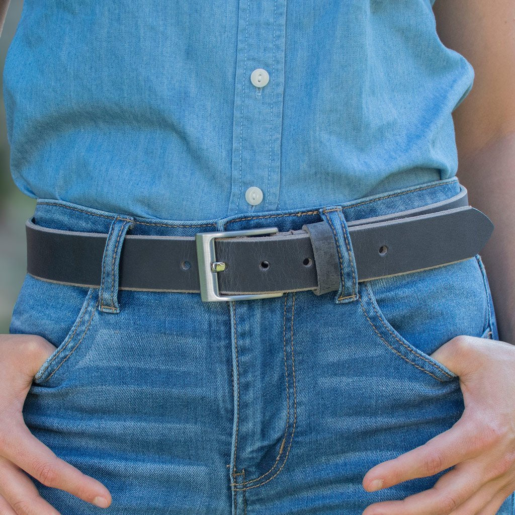 Square Wide Pin Distressed Leather Belt (Gray) by Nickel Smart® on a female model