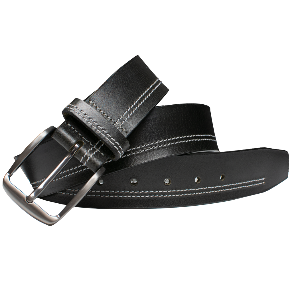 Millennial Black Belt (Stitched) | Silver-tone buckle stitched to black strap with white stitching