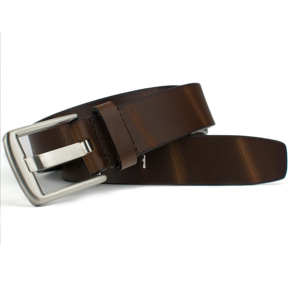 Brown Wide Pin Belt. Unique buckle with wide pin, hypoallergenic zinc alloy, stitched to strap