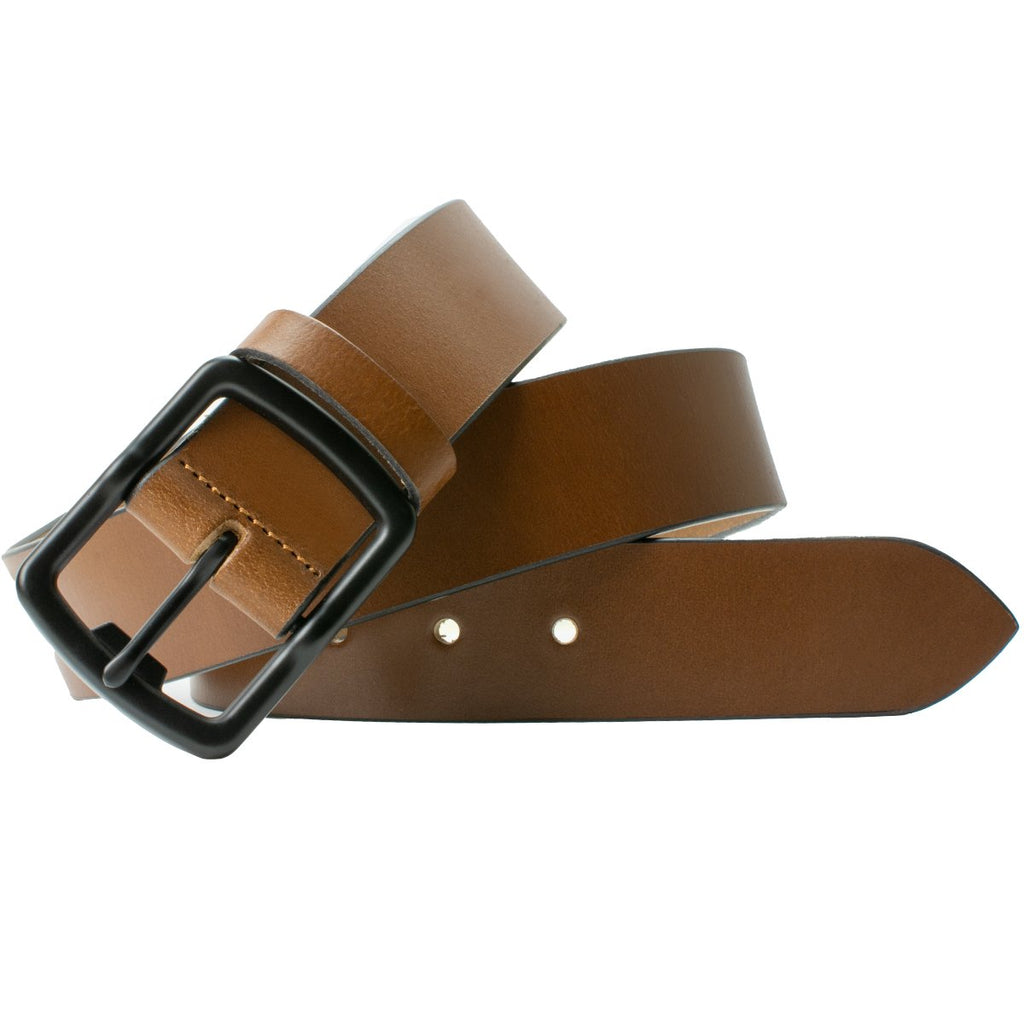 Image of Cold Mountain Leather Belt. Tawny brown leather belt strap 1.5 inches wide sewn to black nickel free buckle