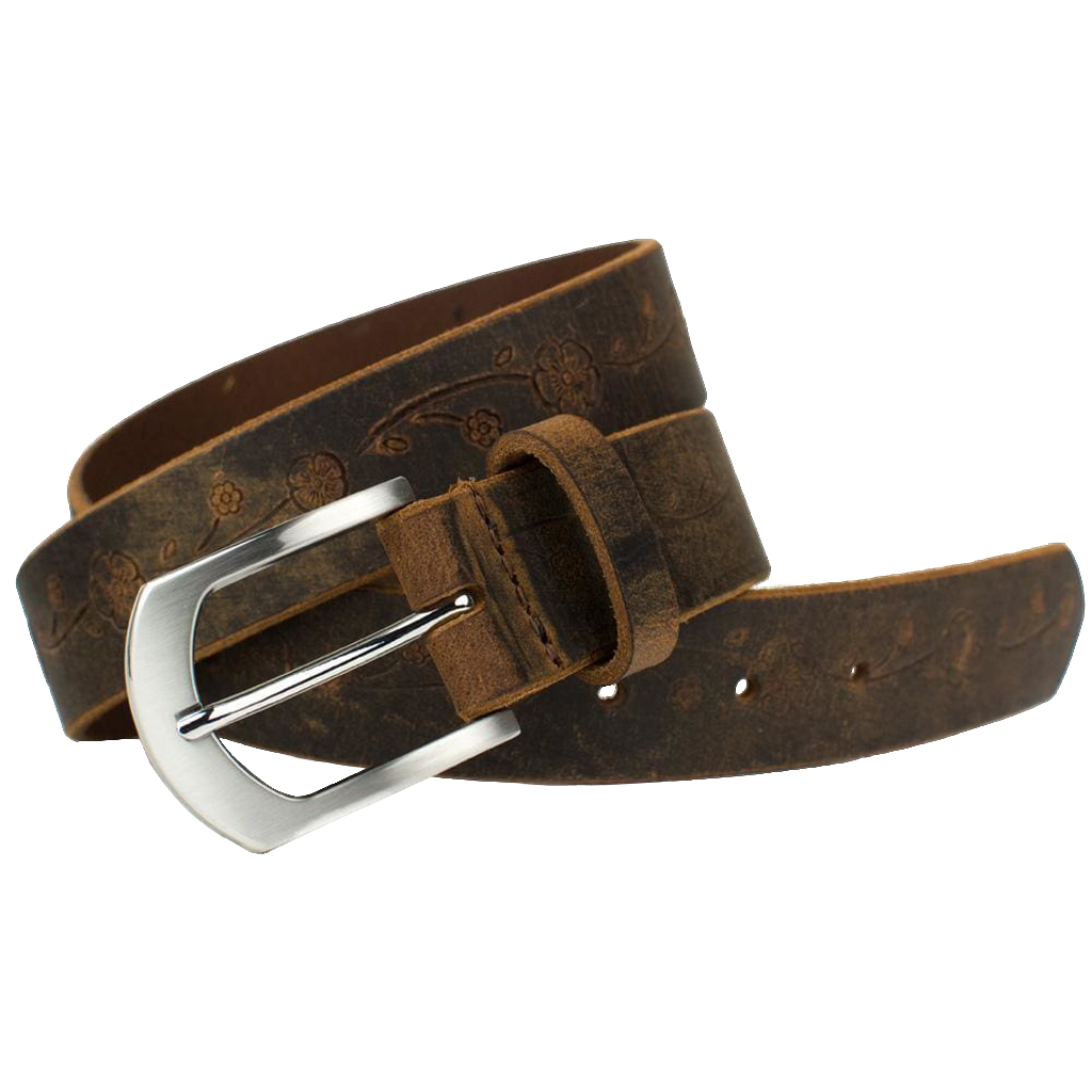 Distressed Rose Belt II by Nickel Smart. Nickel-free zinc alloy buckle; distressed leather strap.