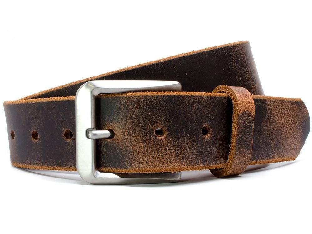 Mt. Pisgah Titanium Distressed Leather Belt. Handcrafted in the USA. Buckle stitched on to strap.