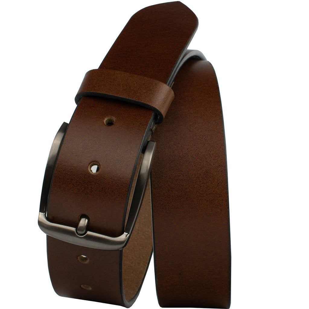 Silver rectangular buckle 1.5 inches wide is sewn onto a brown full grain leather strap
