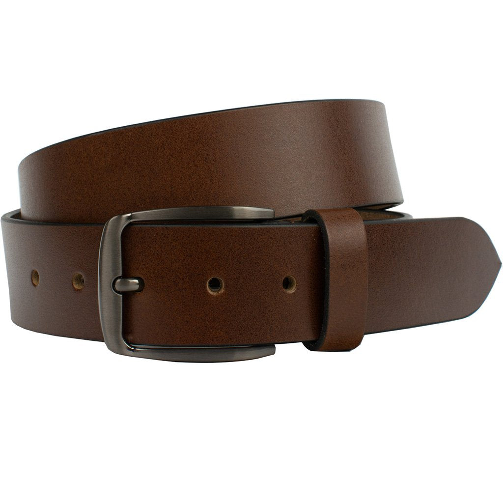 Millennial Brown Leather Belt. Elegant brown leather belt with black edges for depth, muted buckle