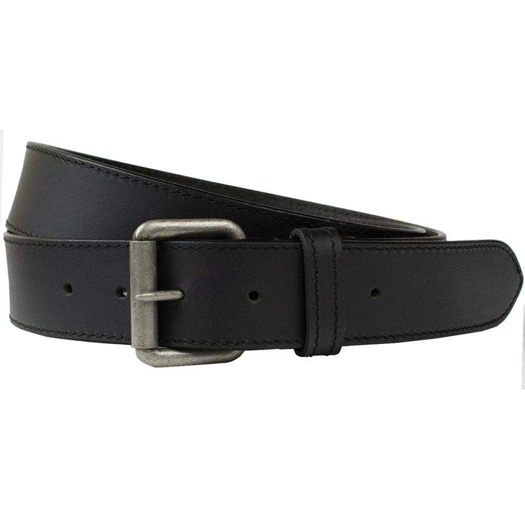 Outback Black Leather Belt. Narrow rectangular zinc alloy buckle with single pin and roller