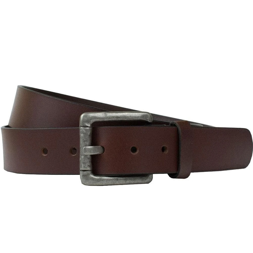 Pathfinder Brown Leather Belt. Large, square buckle with slightly rounded corners, stitched to strap