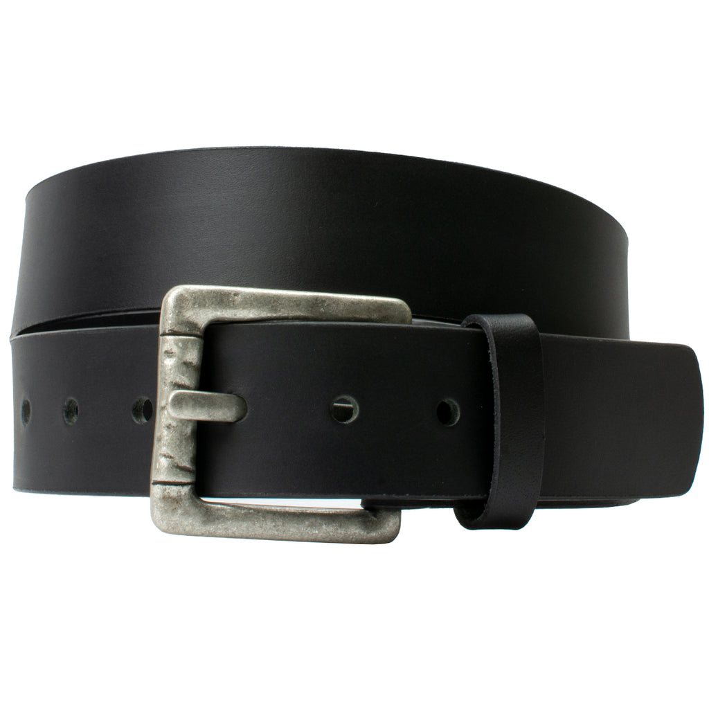 Front image of Pathfinder Black Leather Belt by Nickel Zero.  Black Full Grain Leather Strap with nickel free buckle that is silver, square and rustic looking.
