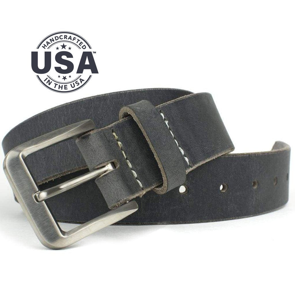 Smoky Mountain Titanium Distressed Leather Belt. Handcrafted in the USA. White stitching.