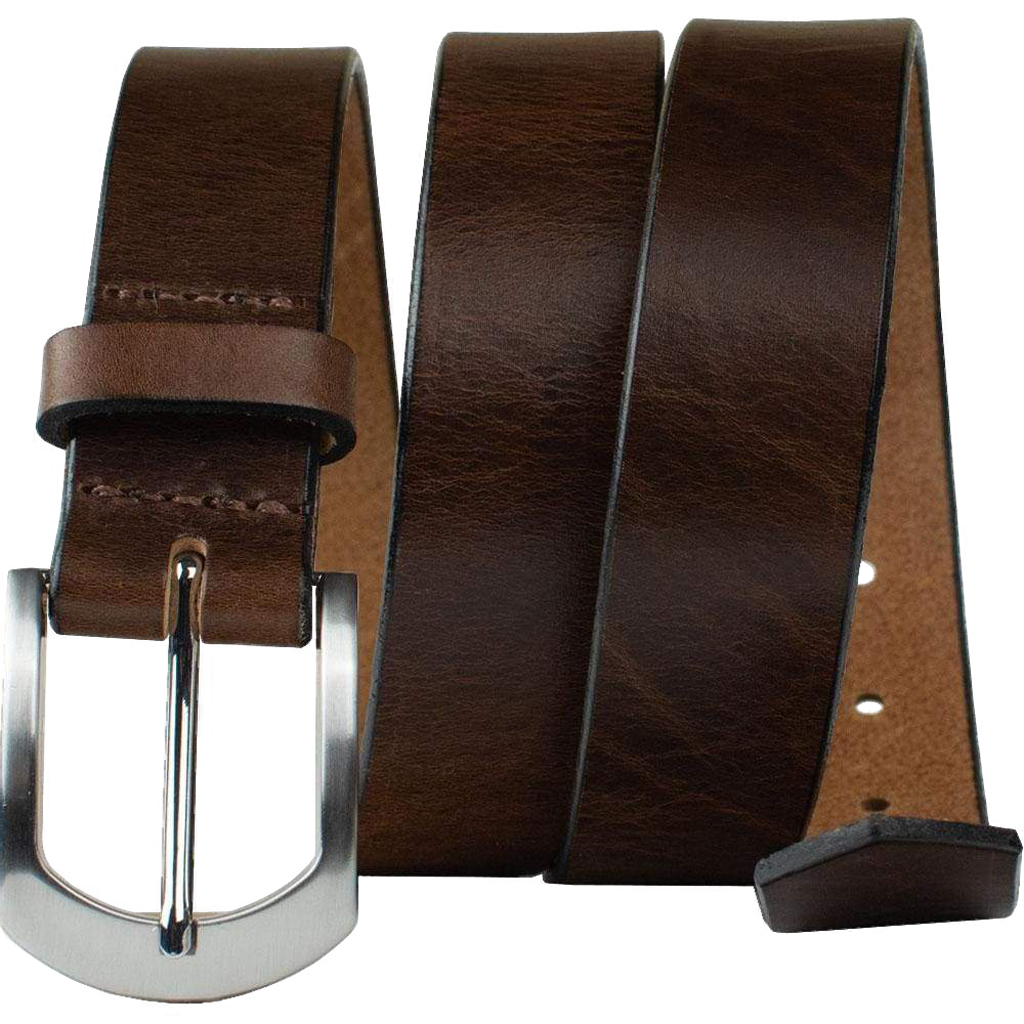 Stone Mountain Brown Belt by Nickel Smart. Rich brown leather; arched silver zinc alloy buckle.