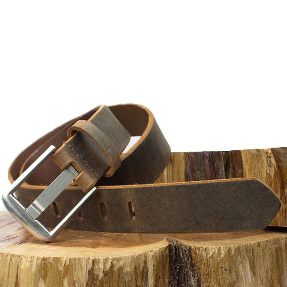 Titanium Wide Pin Distressed Brown Leather Belt by Nickel Smart® | pure titanium wide pin buckle
