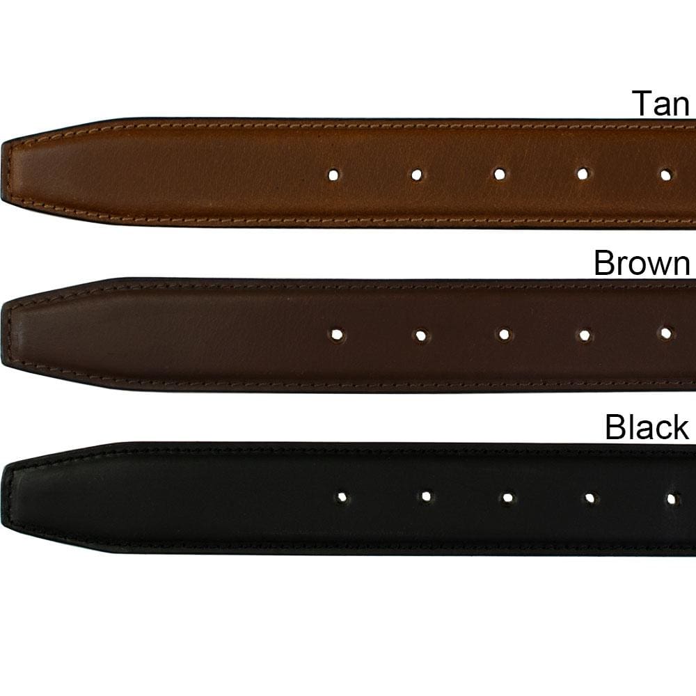 Uptown Belt strap color swatch. Three options: tan, dark brown and black leather.