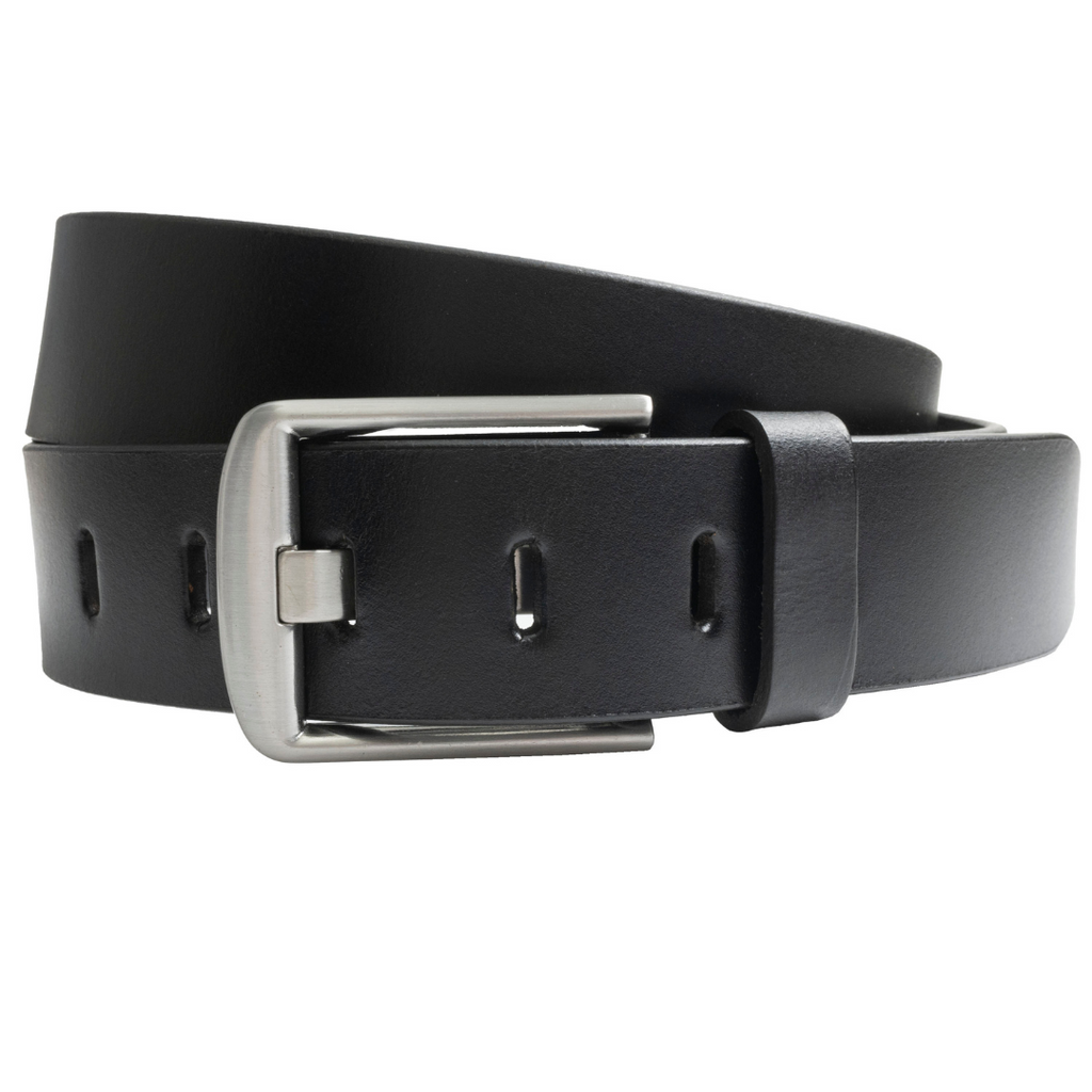 Black leather belt with wide pin buckle. Nickel Free Buckle. Silver Buckle, full grain leather
