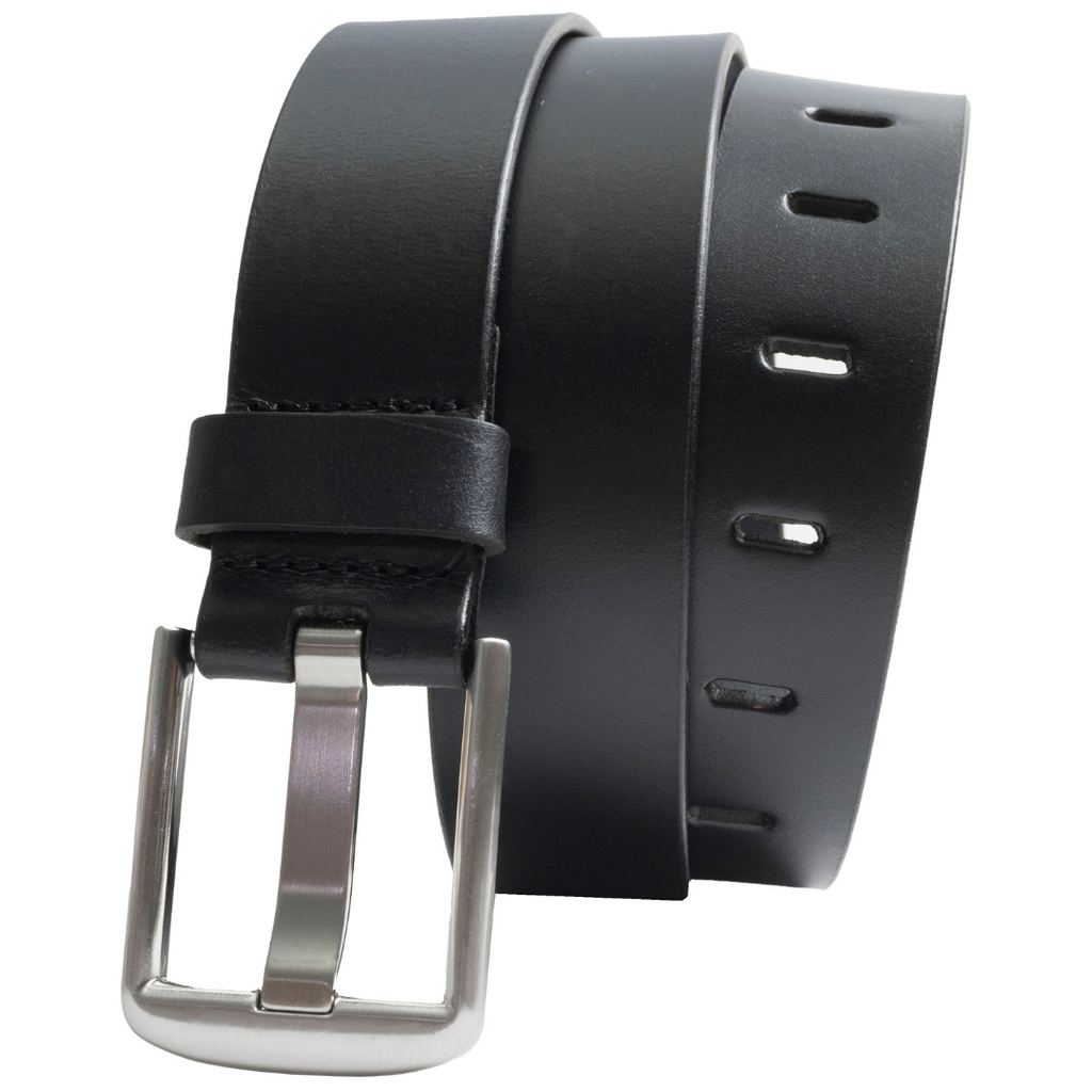 Nickel Free Buckle with wide pin. Hypoallergenic Silver buckle with black leather strap.