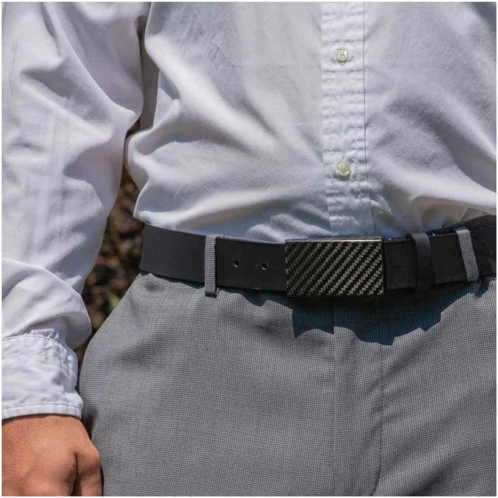 Image of CF 2.0 Black Leather Belt on model wearing gray dress shirt and gray pants. USA made