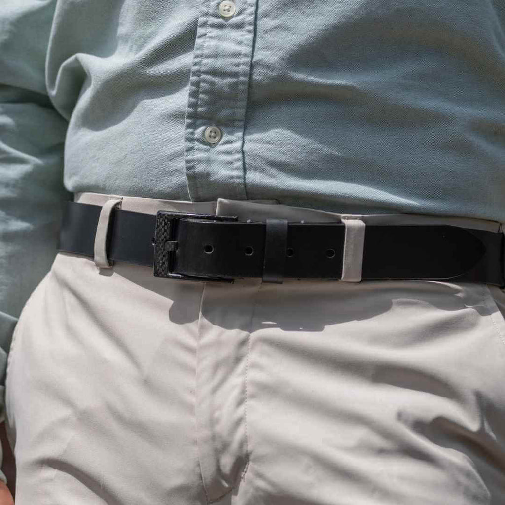 1.38 inch black leather strap belt with black carbon fiber buckle - rectangular shaped. USA Made