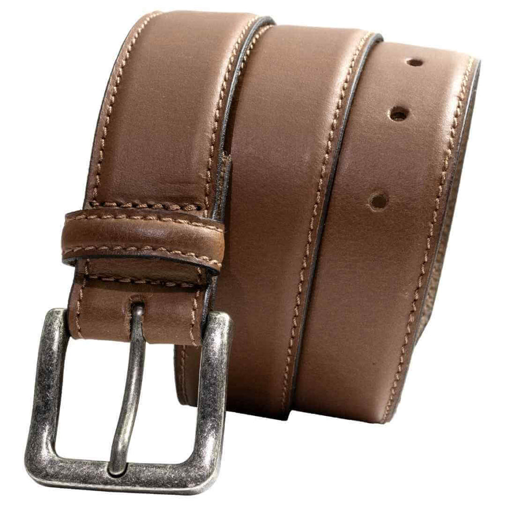 Image of Explorer Tan leather belt with side stitching an antiqued silver buckle. Nickel Free buckle