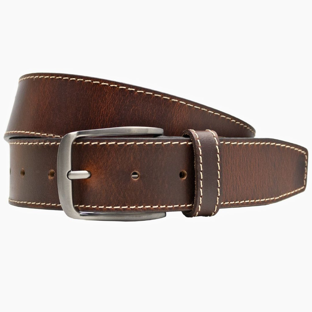 rectangular buckle, gun metal gray, nickel free sewn onto dark brown leather strap with cream stitches