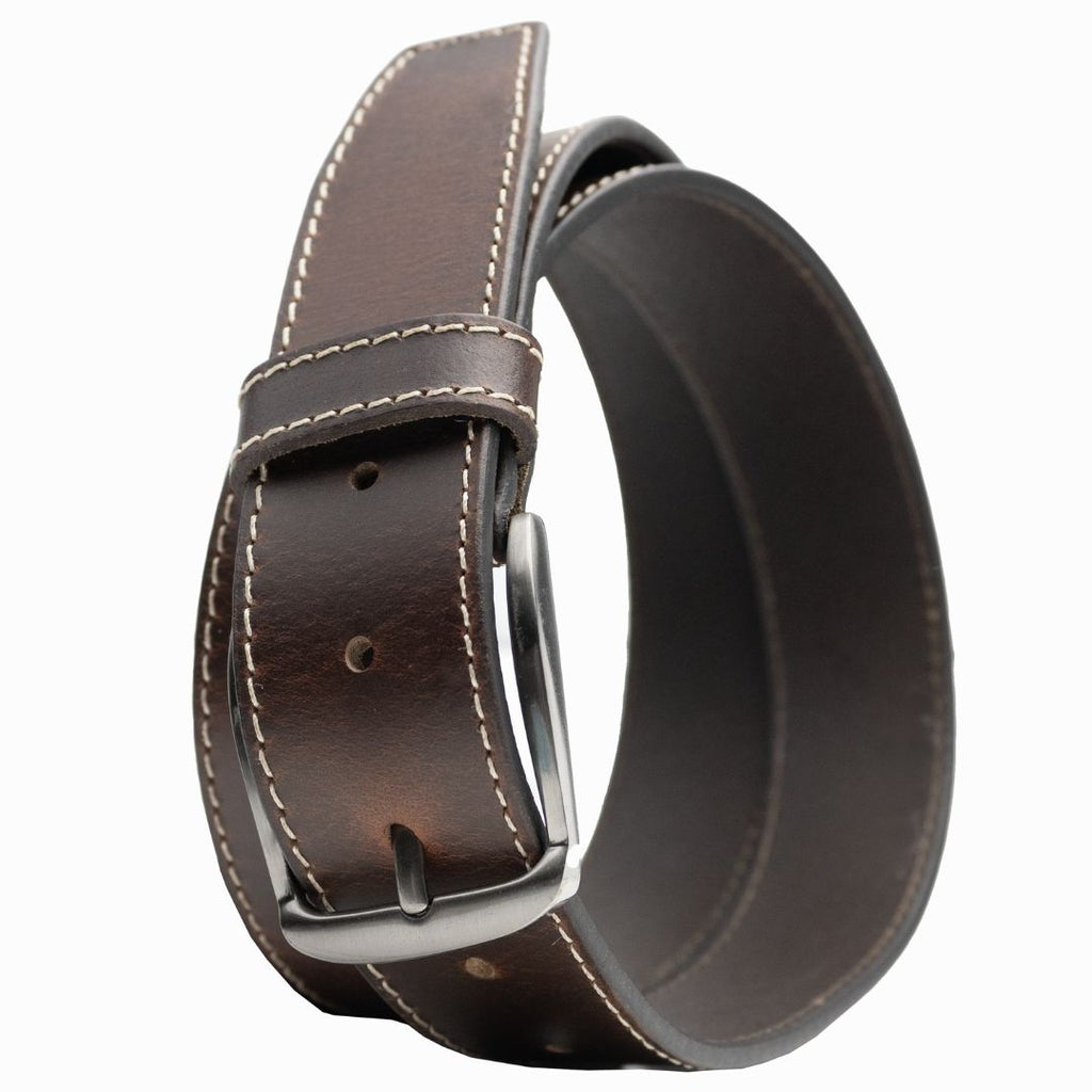 Nickel Free Gun metal gray buckle with 1.5 inch dark brown strap and cream single stitching