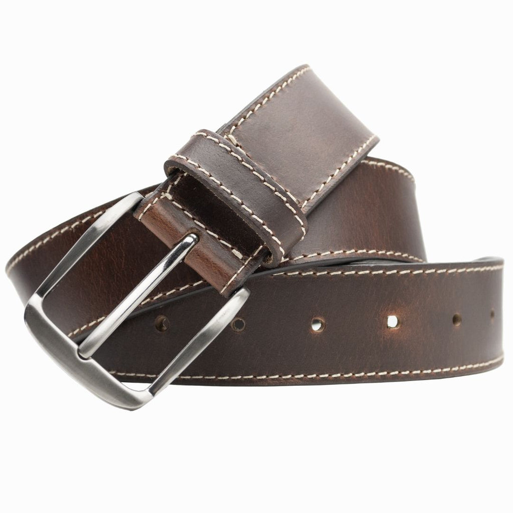 Millennial Brown Leather Belt with cream stitching on strap edge. Nickel Free buckle