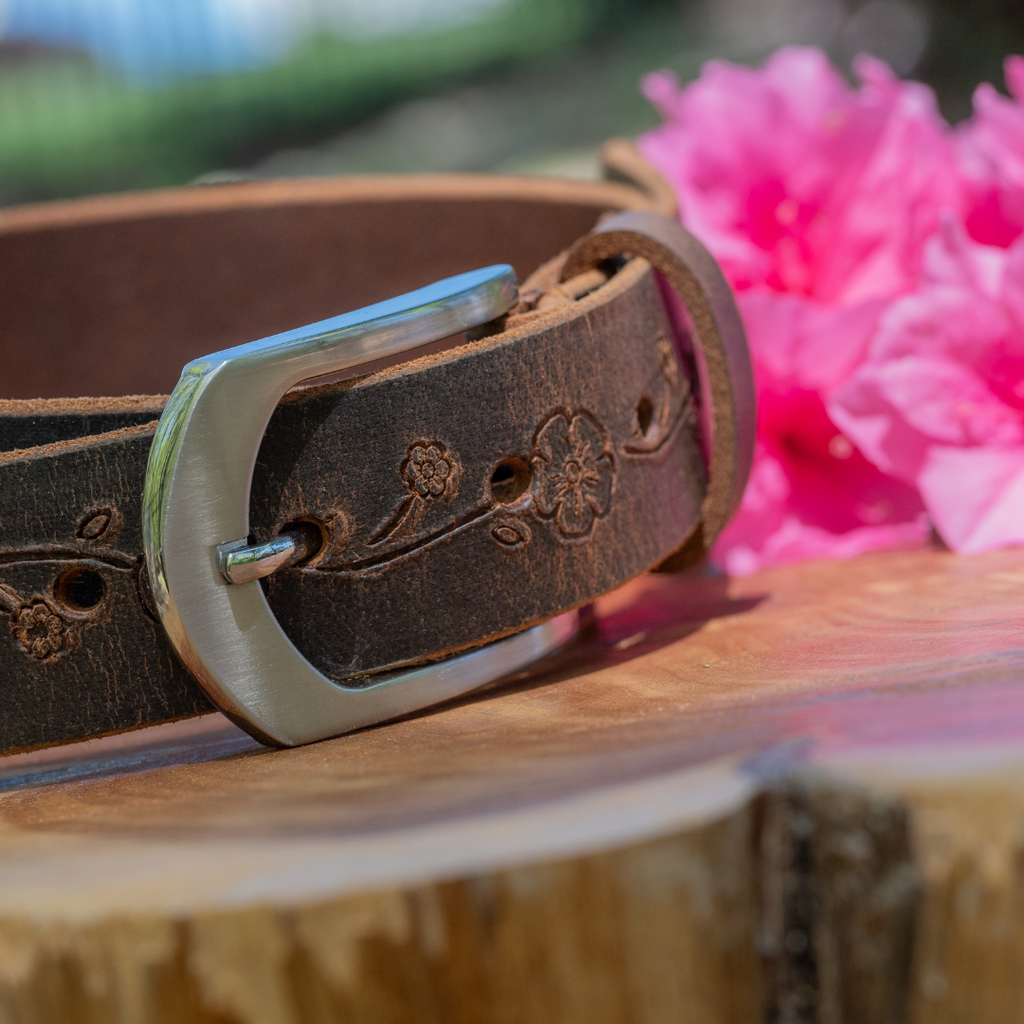 Distressed brown Leather Belt with rose embossing and silver arched buckle. Nickel free.