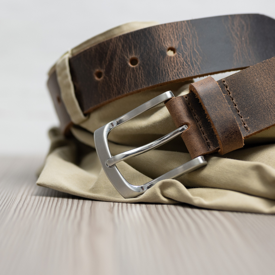 Moccasin brown leather belt with antique nickel wave online buckle