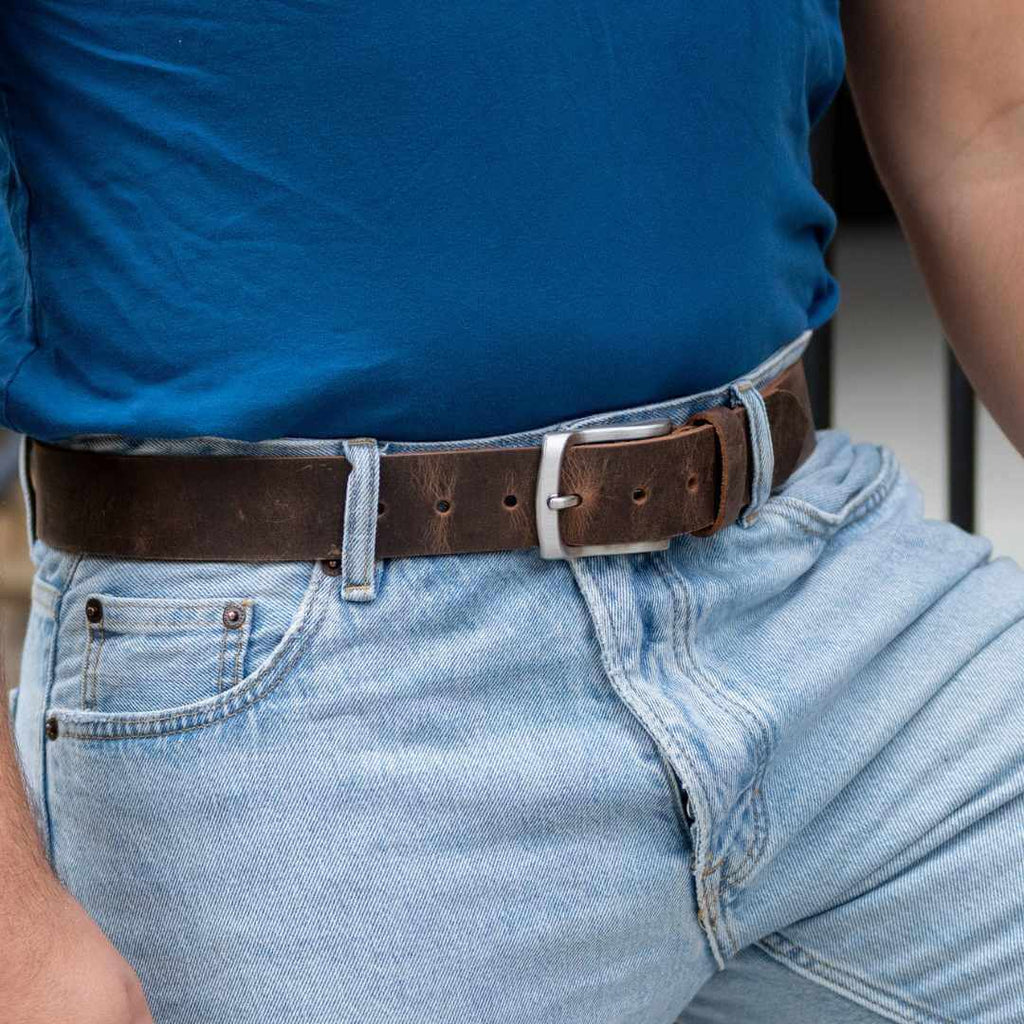 Silver, curved low profile buckle for sleek design with 1.5 inch distressed brown leather - Urbanite
