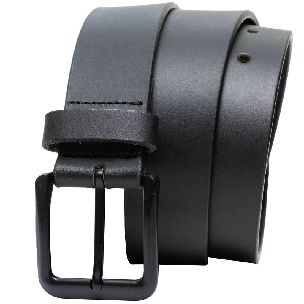 Image of black leather belt with black rectangular buckle. Nickel Free Buckle. Black Mountain Belt