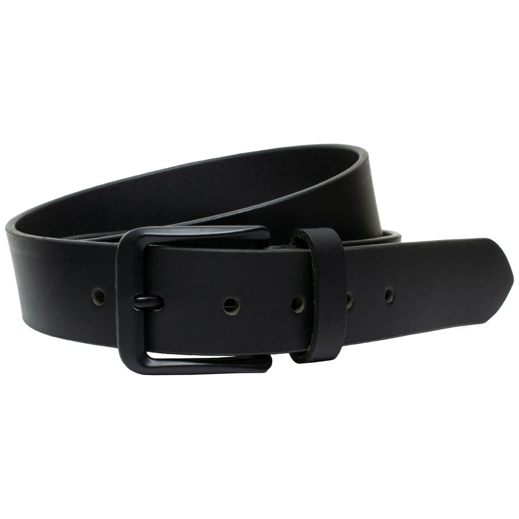 Image of Black Mountain Leather Belt. Full Grain Black Leather with black nickel free buckle. 