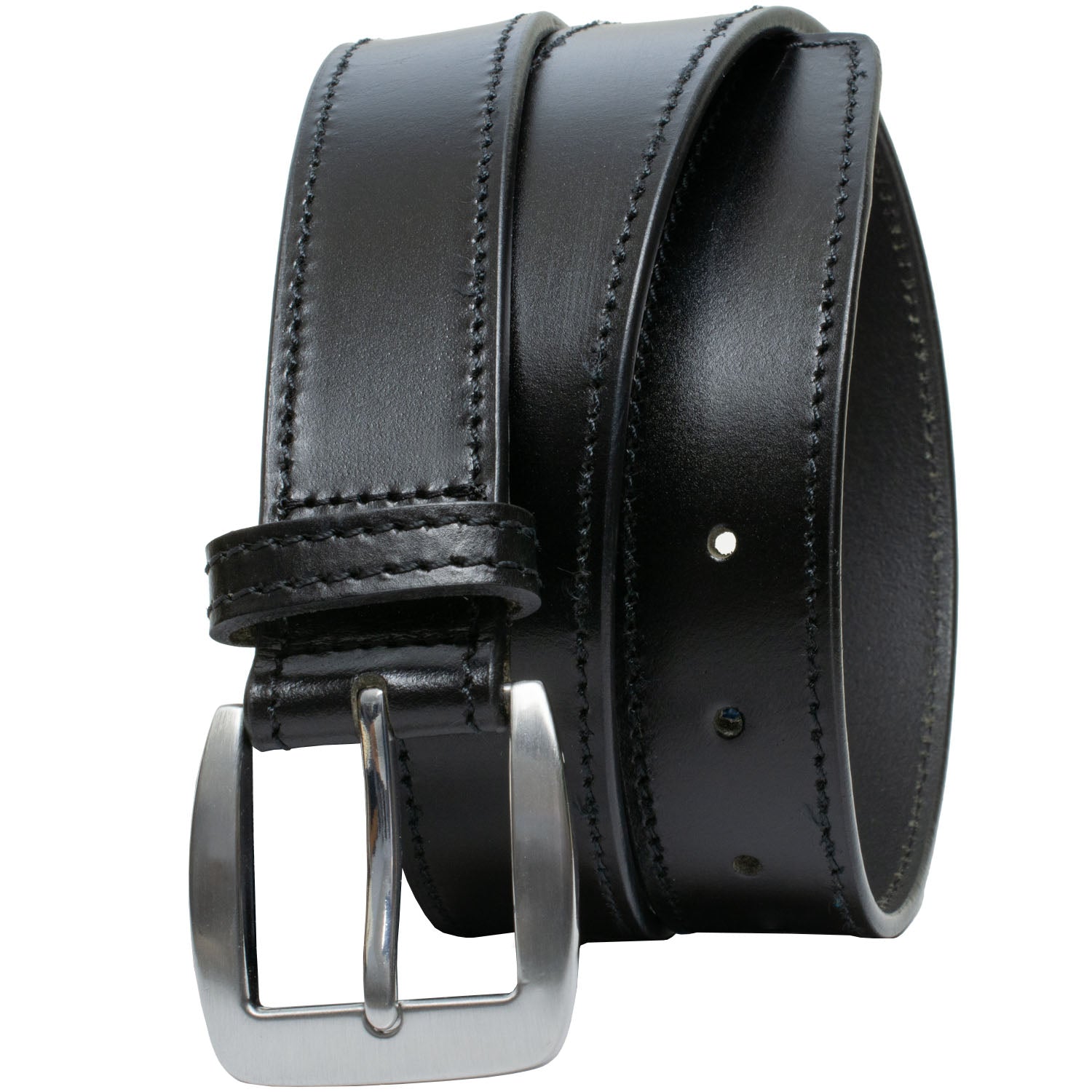 mens black dress belt Classic With Stitching 1 3/8 Inch 44" / 110 cm for everyday wear Casual Black Belt | Silver