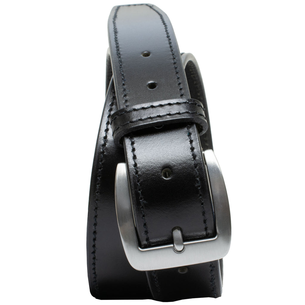 Silver Nickel Free Buckle with rounded edges on black strap with single black stitching