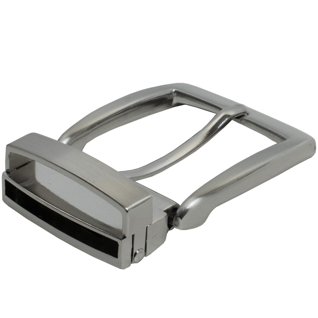 Clamp Pin Buckle with slot for belt strap and metal keeper.