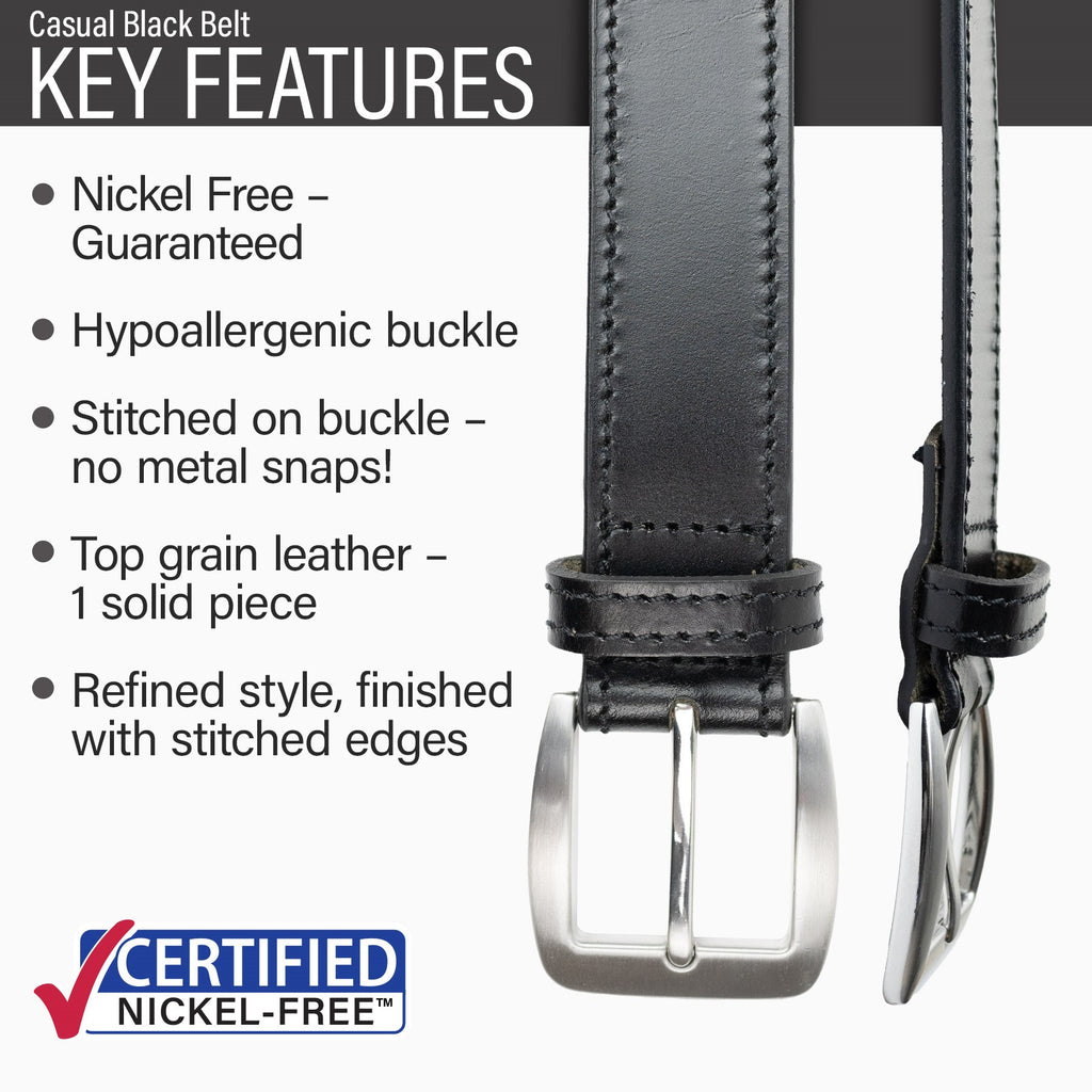 Nickel free; hypoallergenic; buckle stitched to strap; solid piece of top grain leather; stitched edges