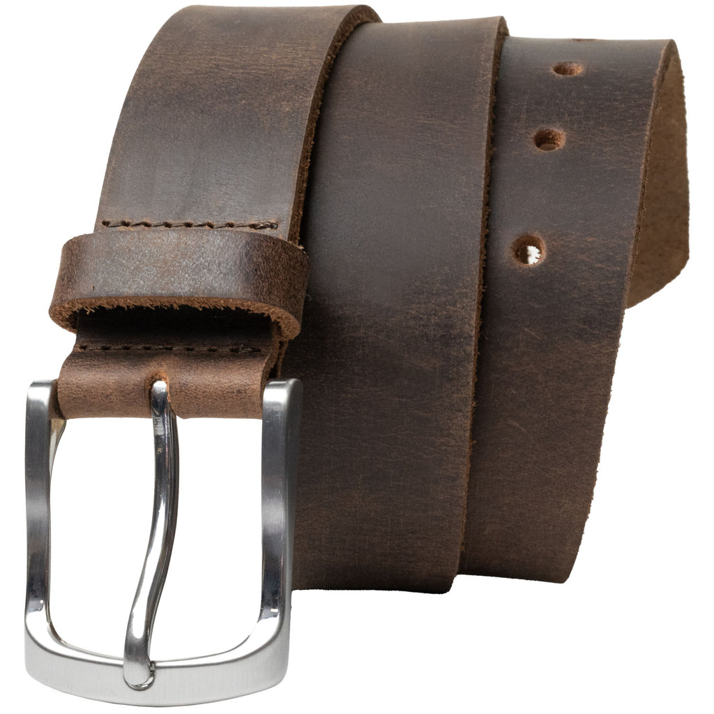 Urbanite Brown Leather Belt. Brown leather strap with raw edges. Hypoallergenic buckle.