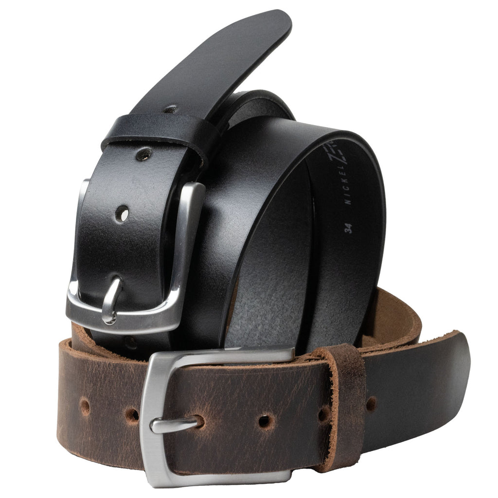 Urbanite Black and Brown Leather Belt Set. Shiny black strap; rustic brown strap. Silver-tone buckle